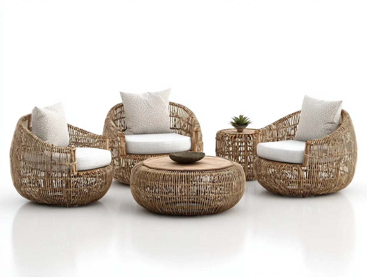 Sofy ogrodowe z naturalnego rattanu z beżowymi poduszkami i okrągłym stołem 180x80x75 cm - nowoczesny design do użytku zewnętrznego