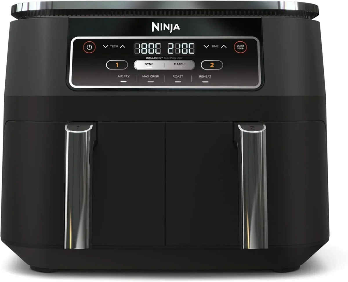 Beztłuszczowa frytkownica powietrzna Ninja MAX z podwójną komorą i 2 szufladami, 9,5 litra, beztłuszczowa, Air Fry, Max Crisp, pieczenie, opiekanie, odgrzewanie, suszenie, kosze z powłoką nieprzywierającą, Gold Stone, DZ400EUSTGD