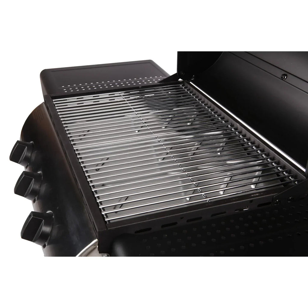 Lofoten - Grill gazowy ogrodowy 3 palniki 8,4 kW na kółkach z pokrywą, 2 ruszty ze stali chromowanej, 2 półki boczne, 1 dolna taca i termometr - czarny