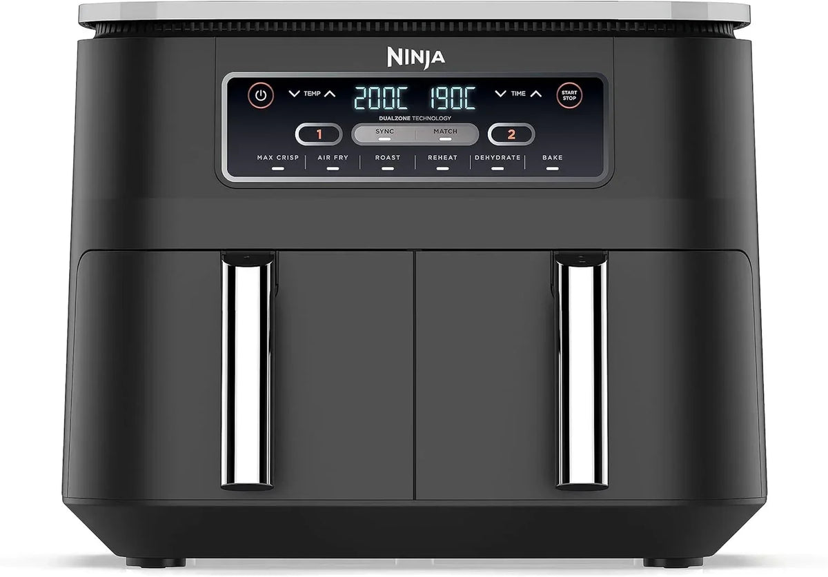 Beztłuszczowa frytkownica powietrzna Ninja MAX z podwójną komorą i 2 szufladami, 9,5 litra, beztłuszczowa, Air Fry, Max Crisp, pieczenie, opiekanie, odgrzewanie, suszenie, kosze z powłoką nieprzywierającą, Gold Stone, DZ400EUSTGD