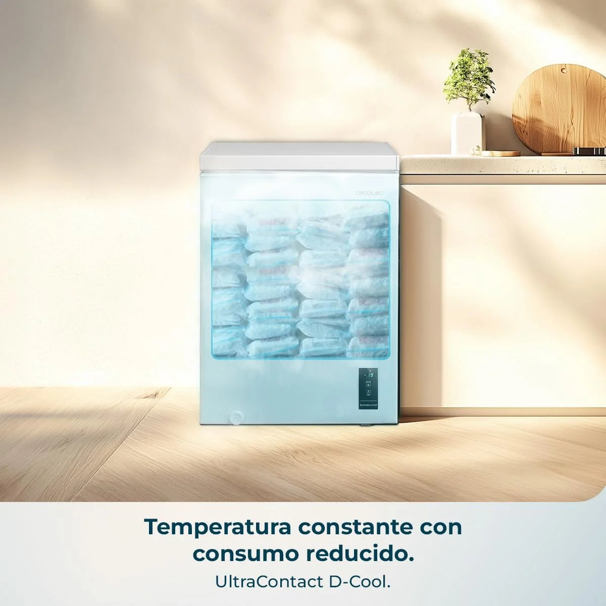 Cecotec Zamrażarka skrzyniowa 143L Bolero CoolMarket Chest 143P White E. Kosz z uchwytami, Elektroniczny panel sterowania LED, UltraContact D-Cool, Funkcja Dual Function, Drzwi ZeroG (80º-30º), Szybkie zamrażanie, Kompaktowa