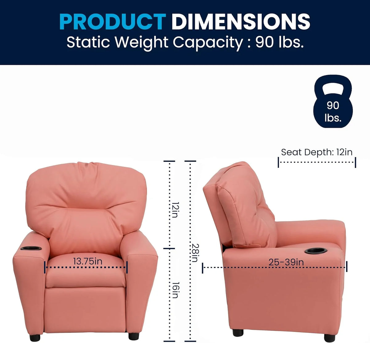 Flash Furniture Contemporary Kids Recliner with Cup Holder, Wood, Beige Vinyl, 26" x 21" x 21"