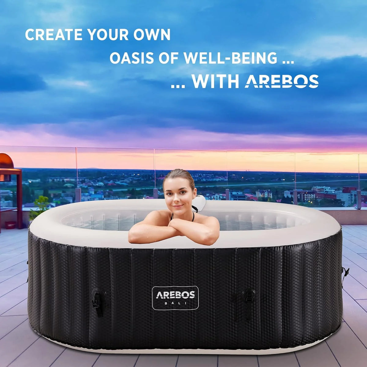 Arebos Wanna z hydromasażem z oświetleniem LED | Dmuchane SPA | Do użytku wewnętrznego i zewnętrznego | 190x120 cm owalna | 2 osoby | 90 dysz masujących | Z ogrzewaniem | 550 litrów | W zestawie pokrywa