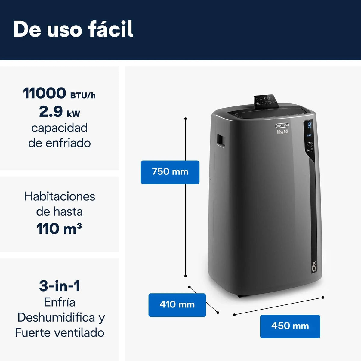 Pingüino PACEL112 Silent, cichy przenośny klimatyzator z technologią Eco Real Feel i Cool Surround, funkcja osuszania, 2.9 kW, 63 dB, plastik, czarny, klasa A, do 110m3
