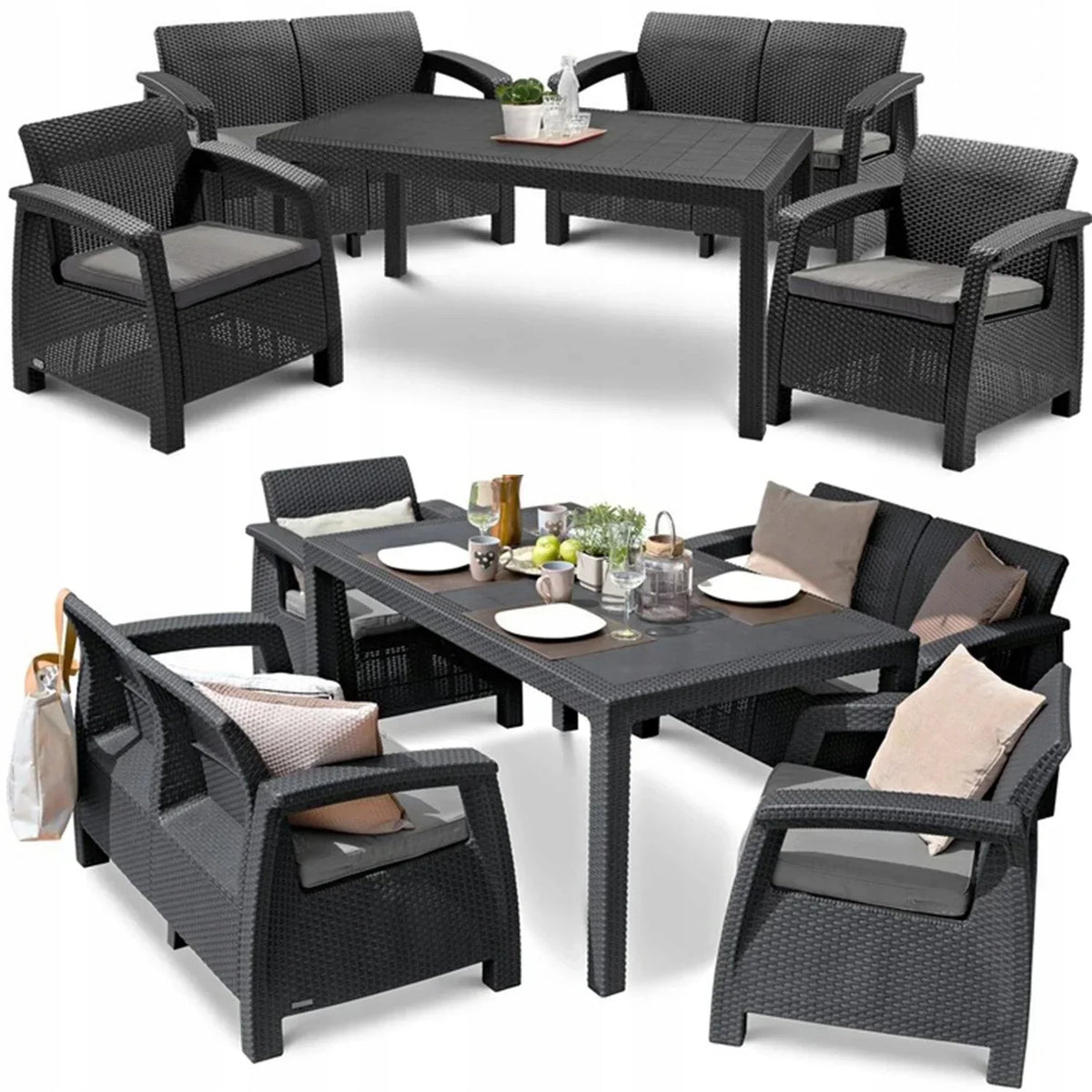 Keter CORFU FIESTA Garden Furniture Set Table Sofa Armchair for Terrace graphite