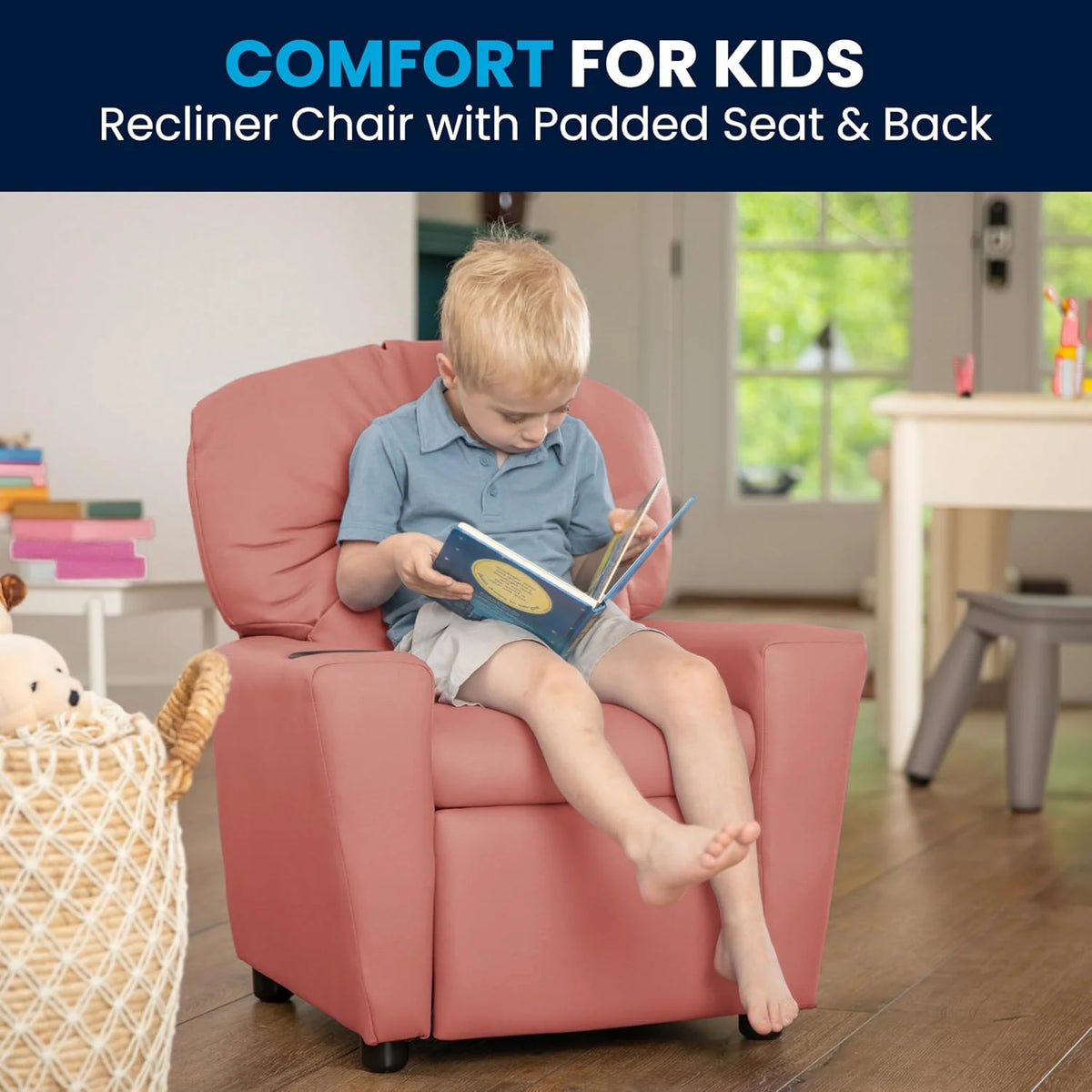 Flash Furniture Contemporary Kids Recliner with Cup Holder, Wood, Beige Vinyl, 26" x 21" x 21"
