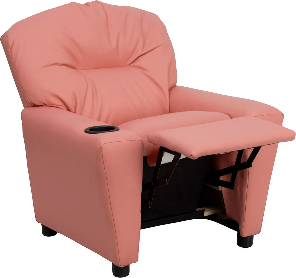 Flash Furniture Contemporary Kids Recliner with Cup Holder, Wood, Beige Vinyl, 26" x 21" x 21"