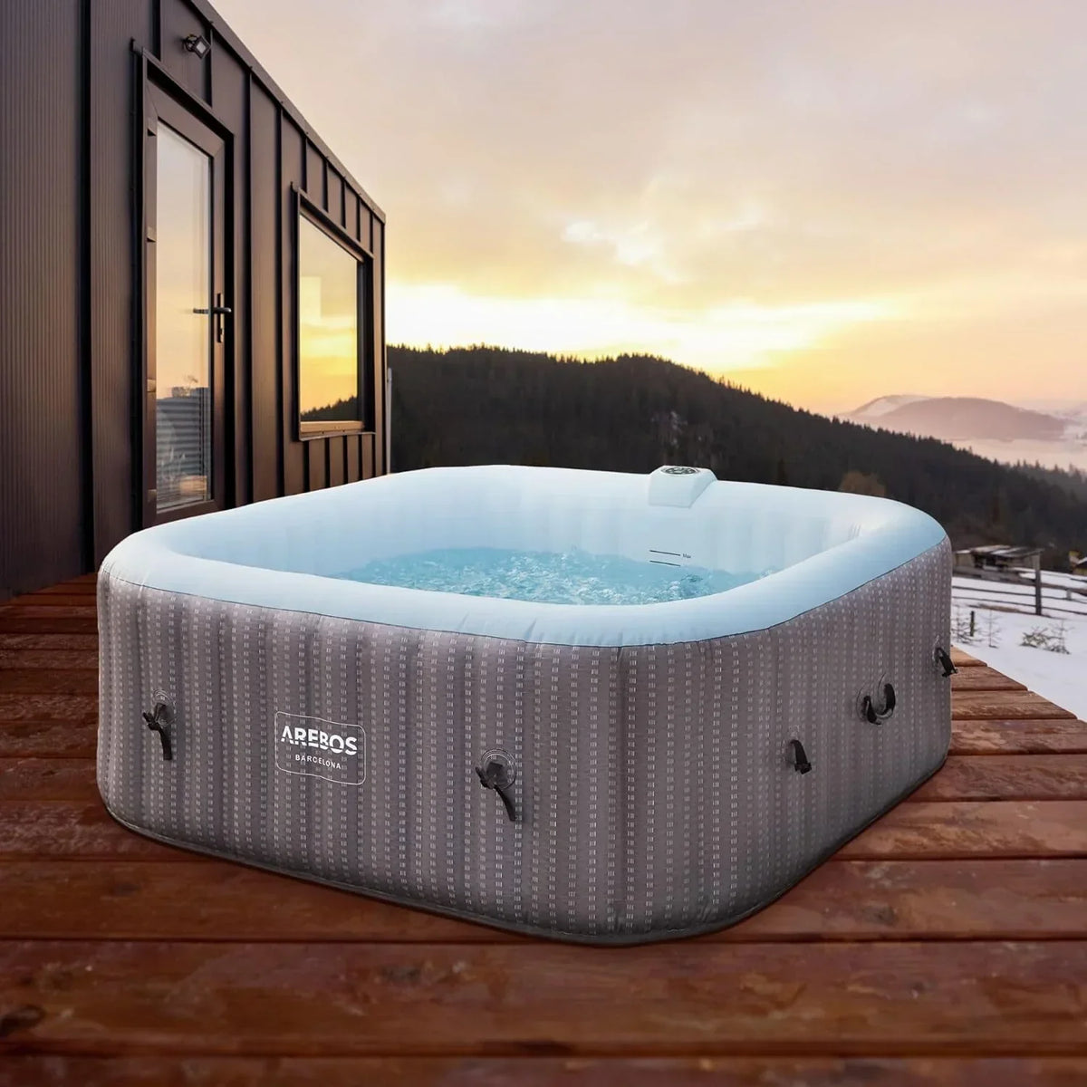 Arebos Spa jacuzzi 2400W | Basen zewnętrzny | dla 6 osób 185 x 185 cm | 130 dysz masujących | 910 L z ogrzewaniem | Funkcja pompowania za pomocą przycisku | W zestawie pokrywa | Bubble Spa i Wellness