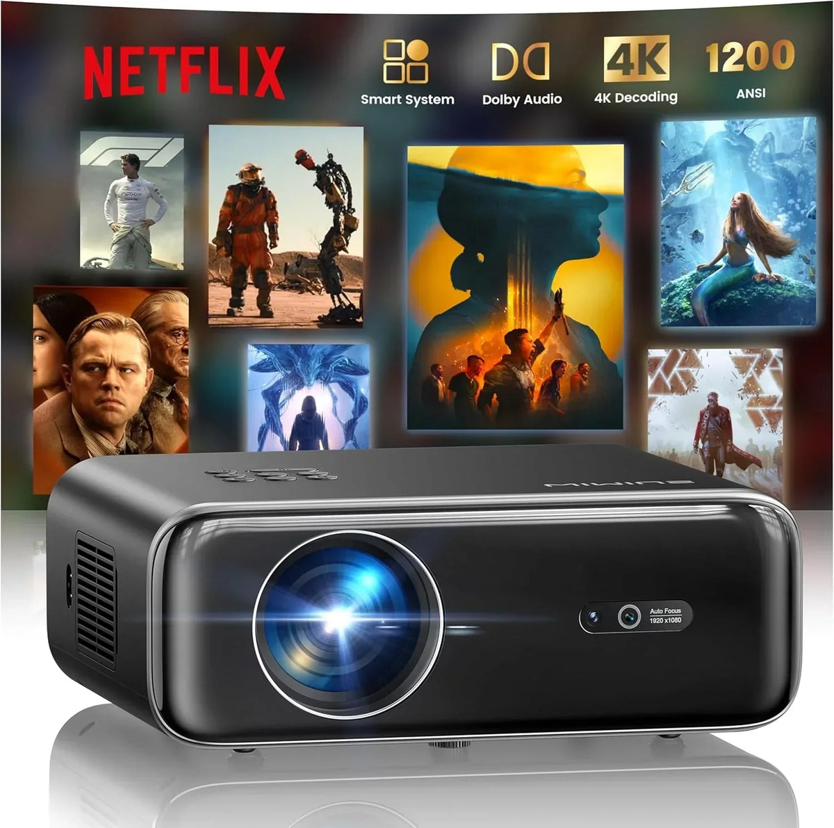 Projektor 4K【1400 ANSI/Netflix w zestawie/Dolby】 Smart Projektor 4K Przenośny Automatyczna ostrość/Korekcja trapezowa WiFi Bluetooth FHD 1080P, HDR10, Projektory WiFi6 Outdoor Zoom 50% do kina domowego/PPT Podwójne HDMI/USB