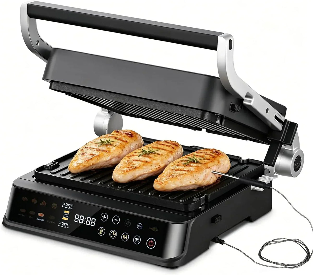 AMZCHEF Grill Elektryczny z 6 Programami, Funkcja Smażenia w Temp. do 280°C, Tryb Manualny, Czujnik Temperatury, Wyjmowane Płyty i Tacka na Gofry, Idealny do Mięsa, Ryb, Panini i Gofrów