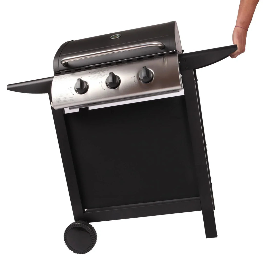 Lofoten - Grill gazowy ogrodowy 3 palniki 8,4 kW na kółkach z pokrywą, 2 ruszty ze stali chromowanej, 2 półki boczne, 1 dolna taca i termometr - czarny