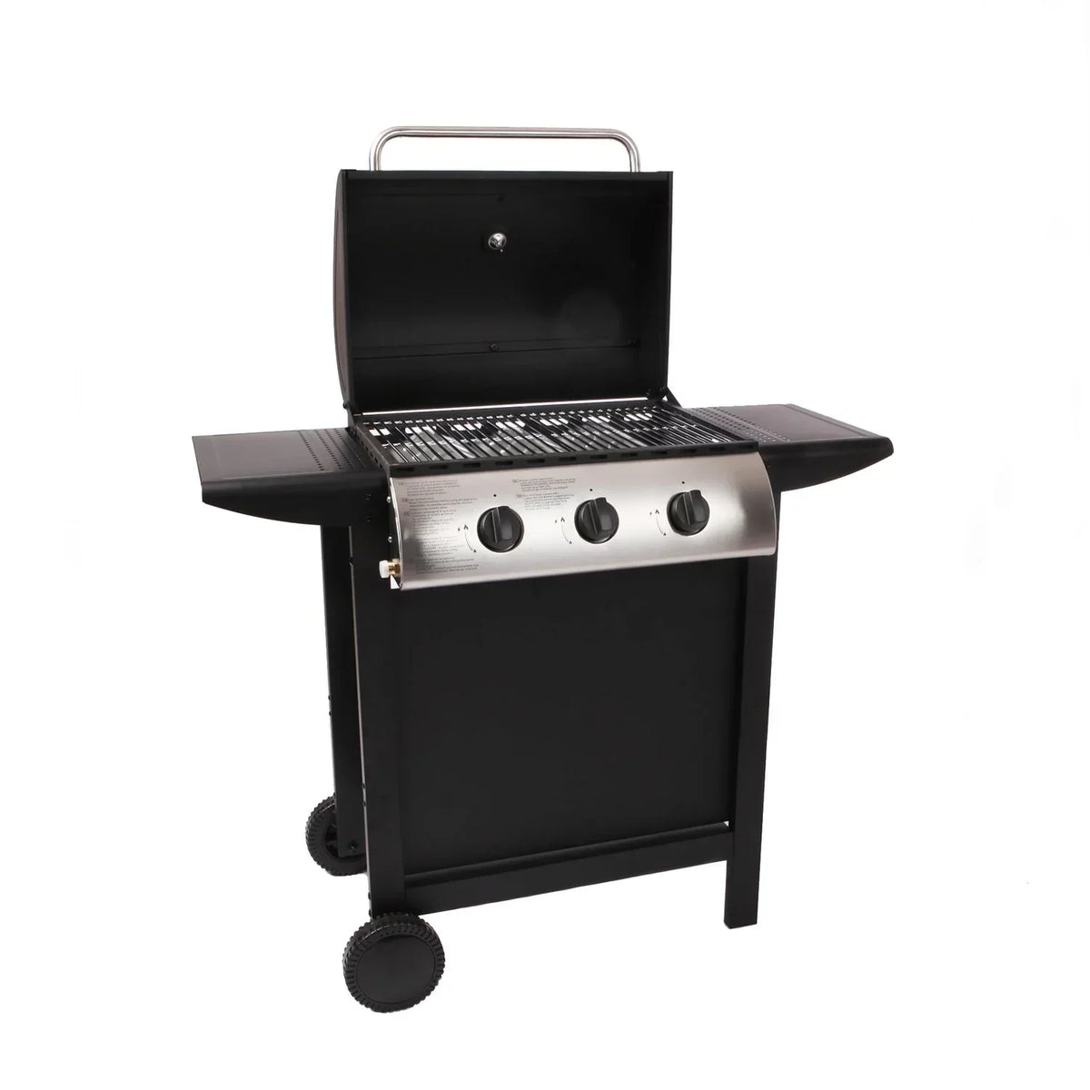Lofoten - Grill gazowy ogrodowy 3 palniki 8,4 kW na kółkach z pokrywą, 2 ruszty ze stali chromowanej, 2 półki boczne, 1 dolna taca i termometr - czarny