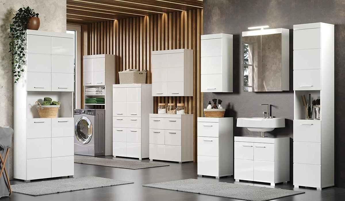trendteam smart living Szafka wysoka do łazienki Amanda, 73 x 132 x 31 cm, biała i biała o wysokim połysku z szufladą i dużą ilością miejsca do przechowywania