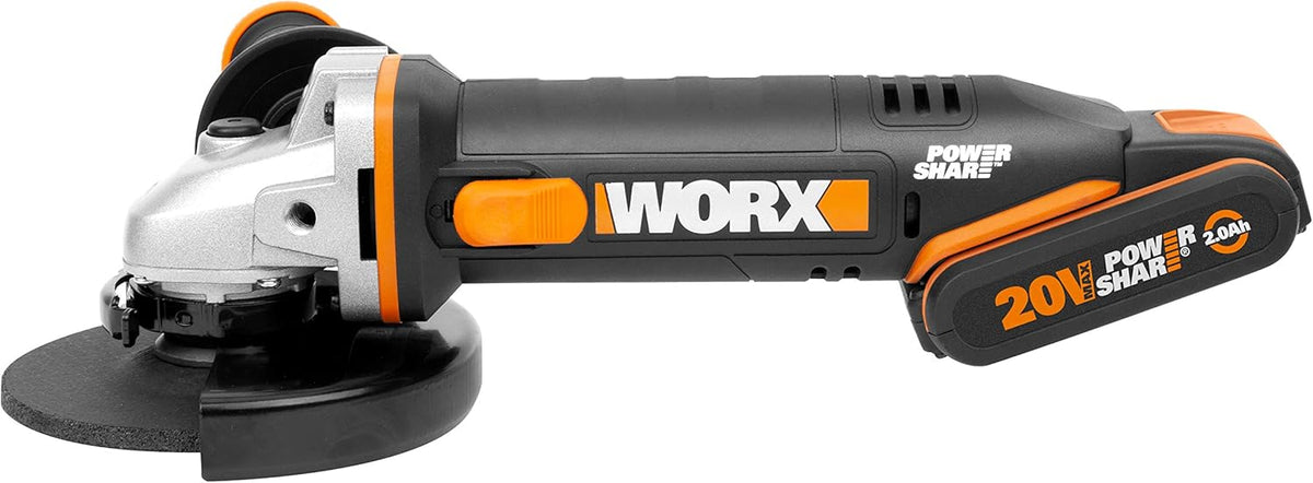 WORX | Szlifierka kątowa 125 mm 20 V | PowerShare | WX803 | W zestawie 2 akumulatory 2 Ah i 4 Ah | Blokada wrzeciona | Przełącznik boczny | Beznarzędziowy system szybkiej regulacji | Uchwyt pomocniczy
