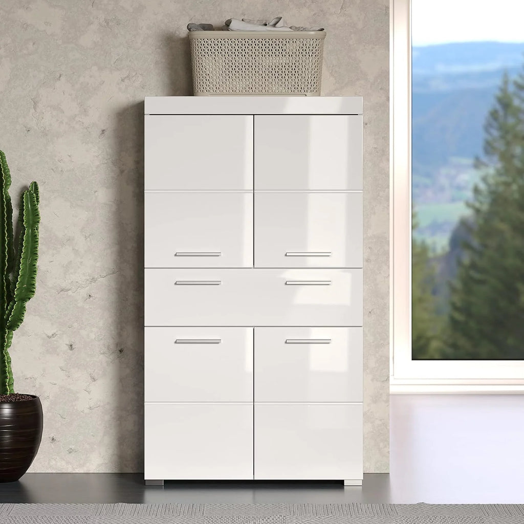 trendteam smart living Szafka wysoka do łazienki Amanda, 73 x 132 x 31 cm, biała i biała o wysokim połysku z szufladą i dużą ilością miejsca do przechowywania