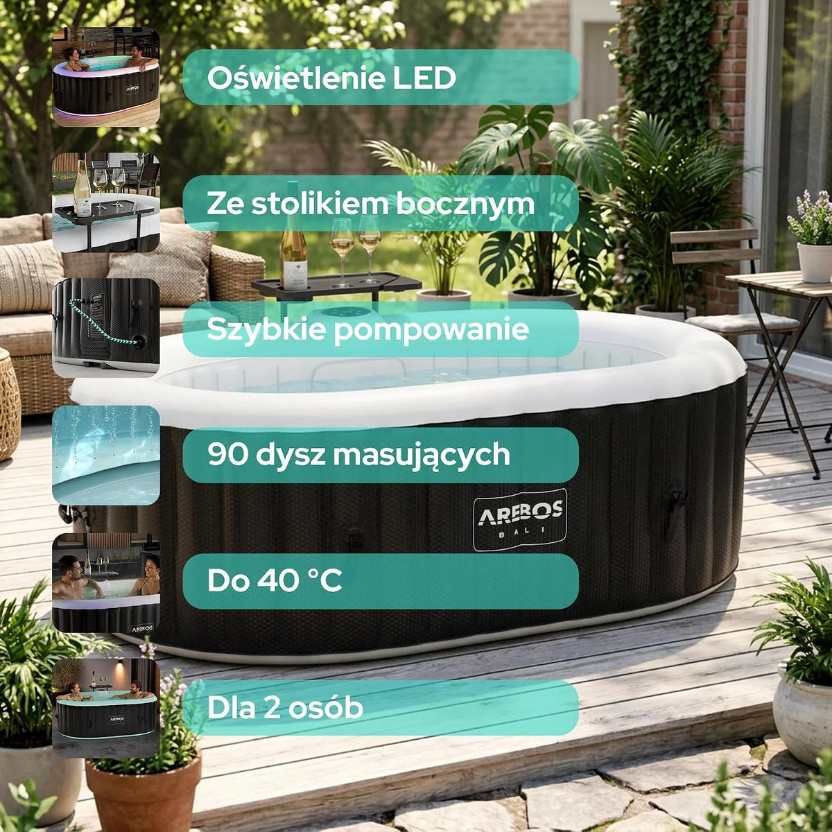 Arebos Nadmuchiwane spa z oświetleniem LED | Nadmuchiwane | Do użytku wewnętrznego i zewnętrznego | 190x120 cm Owalne | 2 osoby | 90 dysz masujących | Z ogrzewaniem | 550 litrów | Pokrywa w zestawie | Spa bąbelkowe