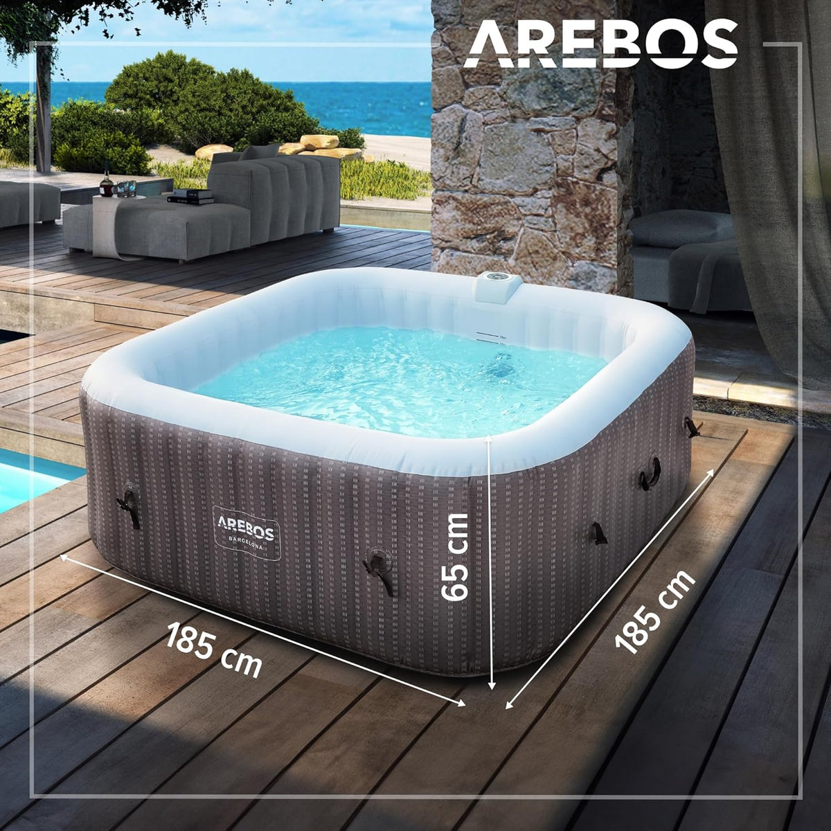 Arebos Spa jacuzzi 2400W | Basen zewnętrzny | dla 6 osób 185 x 185 cm | 130 dysz masujących | 910 L z ogrzewaniem | Funkcja pompowania za pomocą przycisku | W zestawie pokrywa | Bubble Spa i Wellness