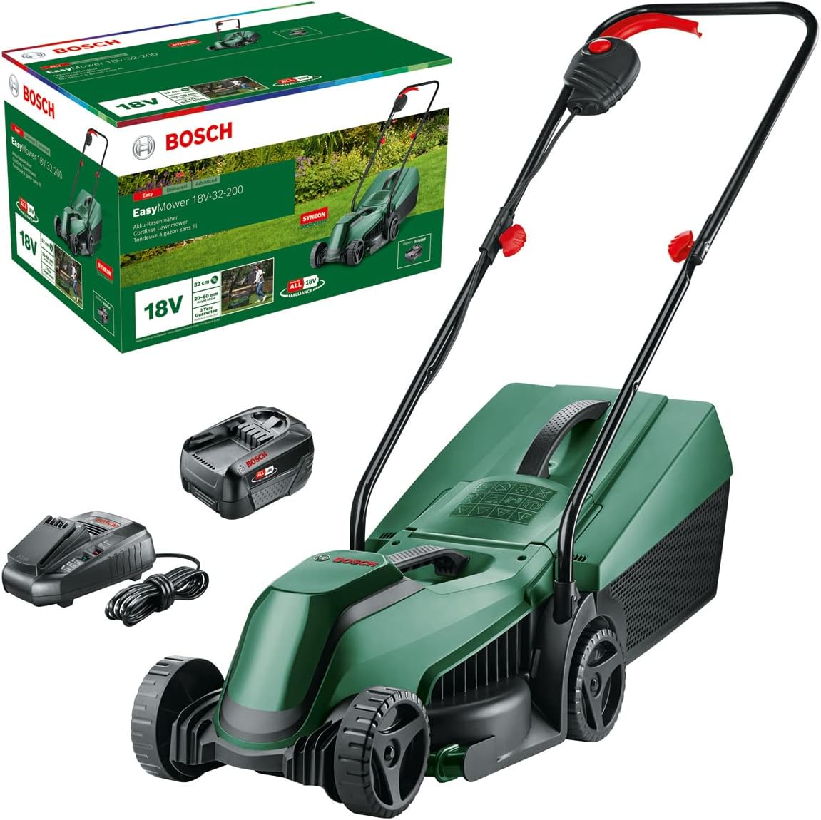Bosch Home and Garden 06008B9A07 CityMower Akumulatorowa kosiarka do trawy, 18 V, 1 akumulator 4,0 Ah, szerokość koszenia: 32 cm, trawniki do 300 m², opakowanie kartonowe