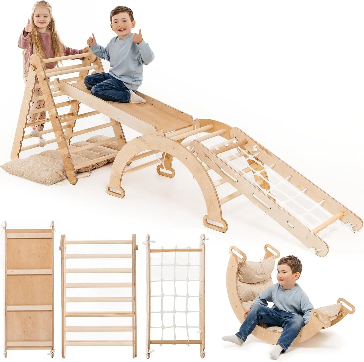 5 w 1 Zestaw Wspinaczkowy Montessori do Pomieszczeń dla Małych Dzieci - Drewniana Siłownia dla Dzieci Trójkątna Drabinka & Łuk & Rampy Wspinaczkowe & Siatka & Poduszka - Drewniana Siłownia dla Małych Dzieci