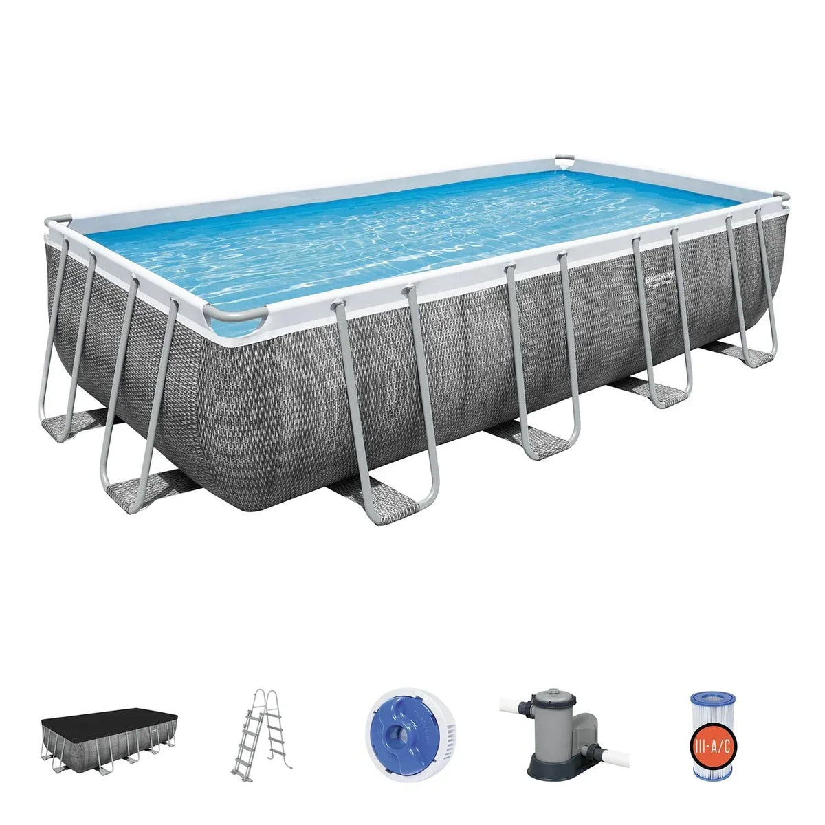Basen Stelażowy Bestway Power Steel Rattan 549x274x122 cm z Pompą Kartuszową 5.678 l/h, Pokrywą i Drabinką