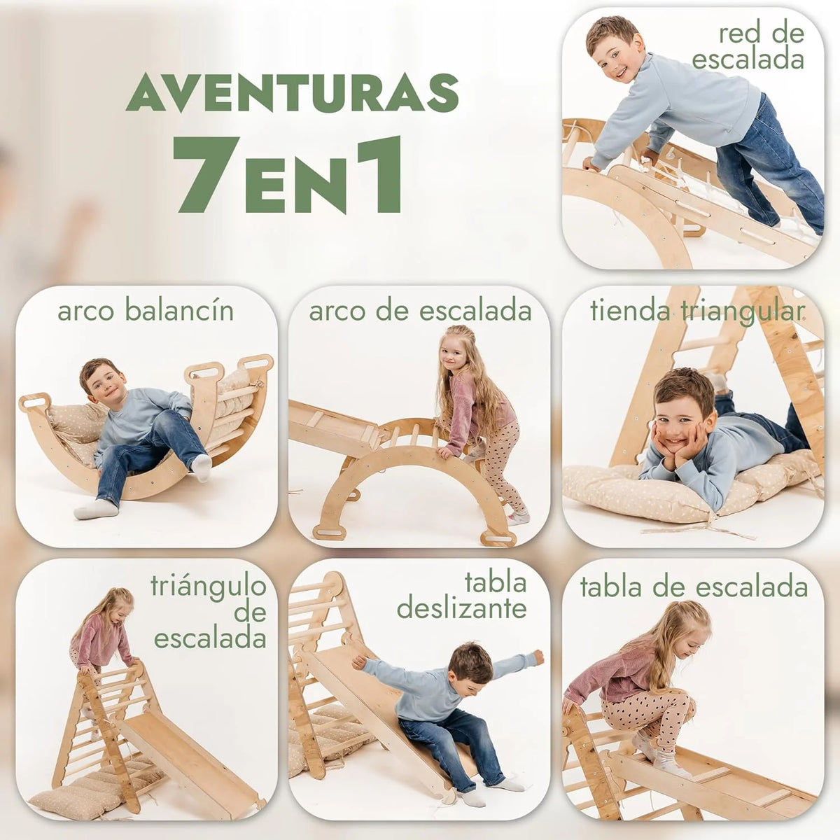 5 w 1 Zestaw Wspinaczkowy Montessori do Pomieszczeń dla Małych Dzieci - Drewniana Siłownia dla Dzieci Trójkątna Drabinka & Łuk & Rampy Wspinaczkowe & Siatka & Poduszka - Drewniana Siłownia dla Małych Dzieci