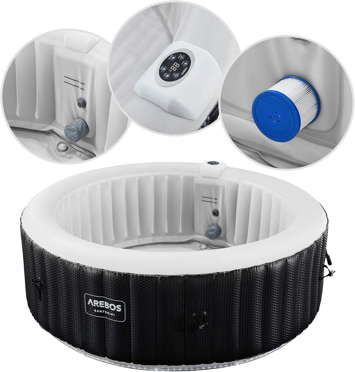 Arebos Nadmuchiwane SPA | Automatyczne pompowanie | Do użytku wewnątrz i na zewnątrz | Ø 208 cm | 6 osób | Taśma świetlna LED | 130 dysz masujących | 1000 L | Pokrywa w zestawie | Bubble SPA i masaż wellness