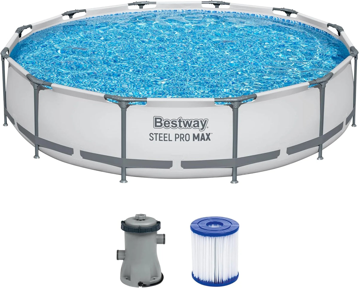 Bestway Steel Pro MAX Frame – Basen stelażowy z pompą filtrującą, średnica 366 x 76 cm, jasnoszary, okrągły