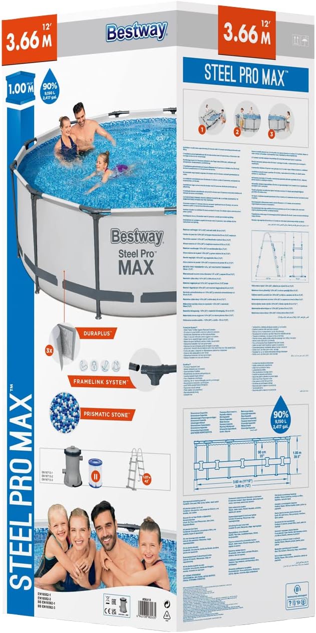 BESTWAY 56418 - Basen rozporowy Steel Pro MAX 366 x 100 cm, z pompą filtrującą 2.006 l/h i drabinką
