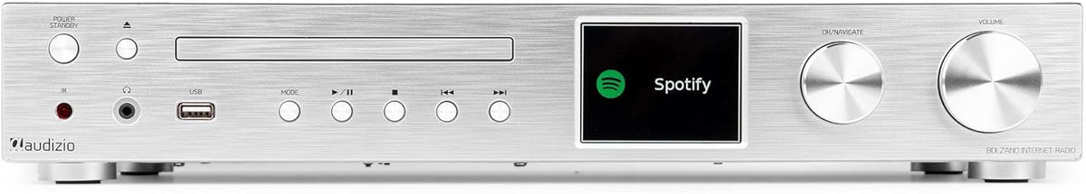 Audizio Bolzano - Radio internetowa DAB+ i FM WLAN Bluetooth, odtwarzacz CD, Spotify Connect, budzik, 40 000 stacji, pilot i sterowanie za pomocą aplikacji, złącze Toslink i subwoofer, srebrna