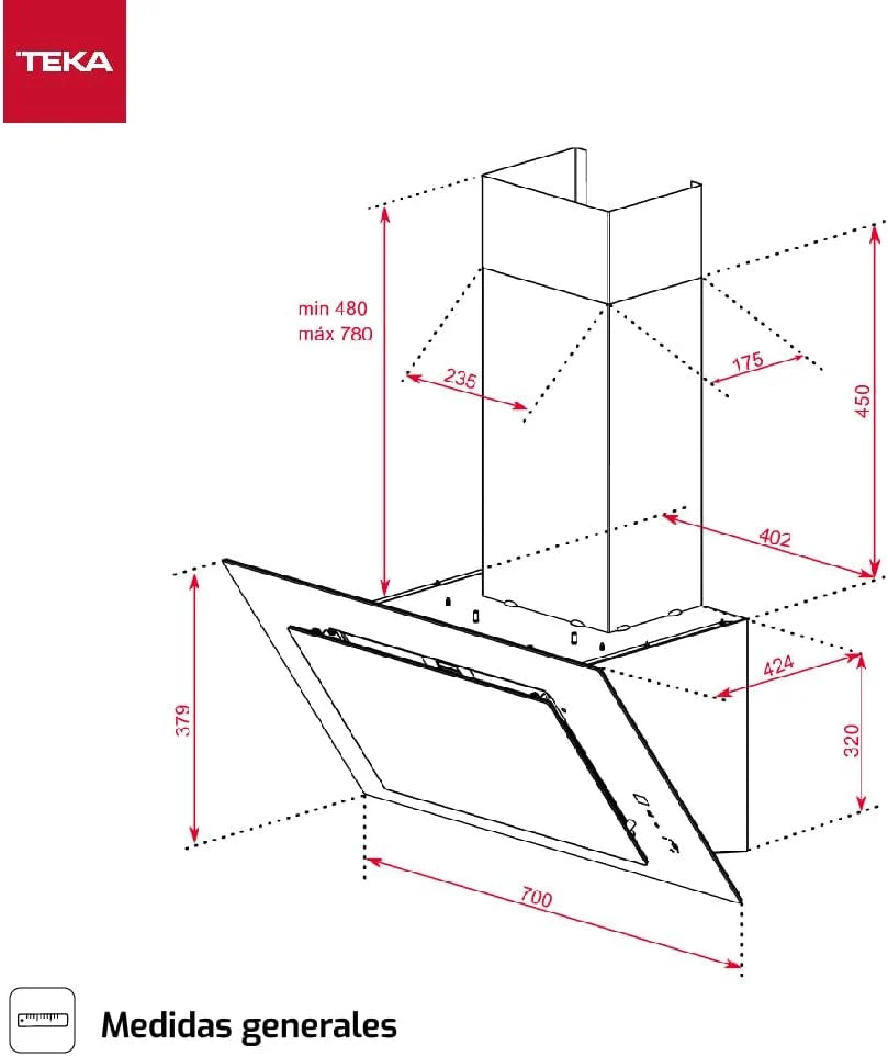 TEKA Okap Kominowy 70 cm, Podwójny Silnik EcoPower, Pochłanianie Obwodowe, 3+1 Prędkości Fresh Air Pochłanianie 98m3 Hałas 61dB 2 LED DVT 78660 TBS