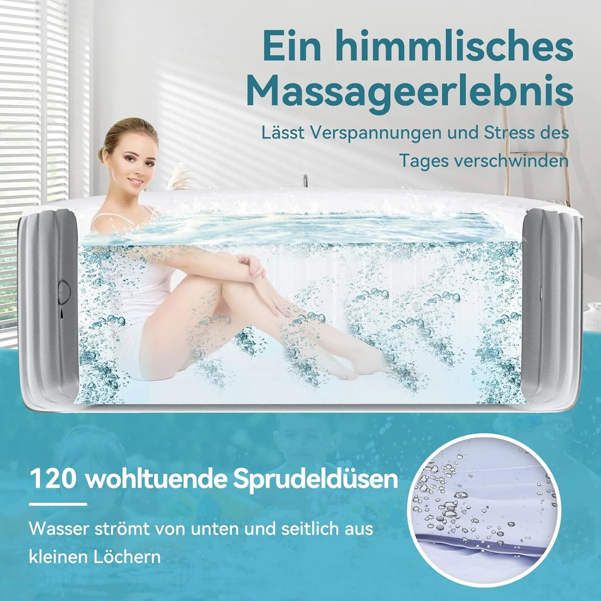 Dmuchane jacuzzi dla 4 osób, 2400 W do użytku wewnątrz/na zewnątrz, zimowy basen spa ze 120 dyszami powietrznymi, zabezpieczenie przed mrozem, 799 litrów, szczelne, energooszczędne
