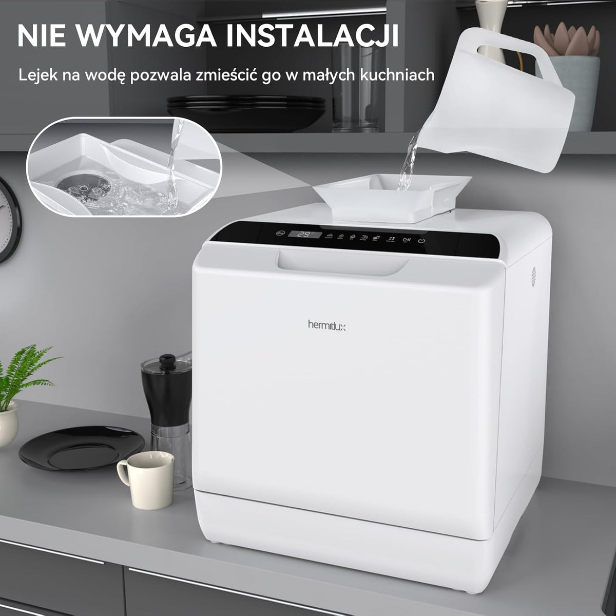 Mini zmywarka stołowa, do użytku z i bez podłączenia do wody, szerokość 43 cm, miejsce na 4 sztućce, do użytku na kempingu, 175 kWh/rok, biały