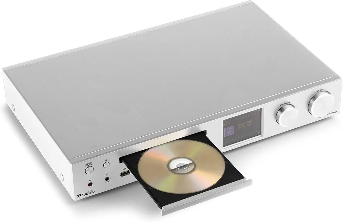 Audizio Bolzano - Radio internetowa DAB+ i FM WLAN Bluetooth, odtwarzacz CD, Spotify Connect, budzik, 40 000 stacji, pilot i sterowanie za pomocą aplikacji, złącze Toslink i subwoofer, srebrna