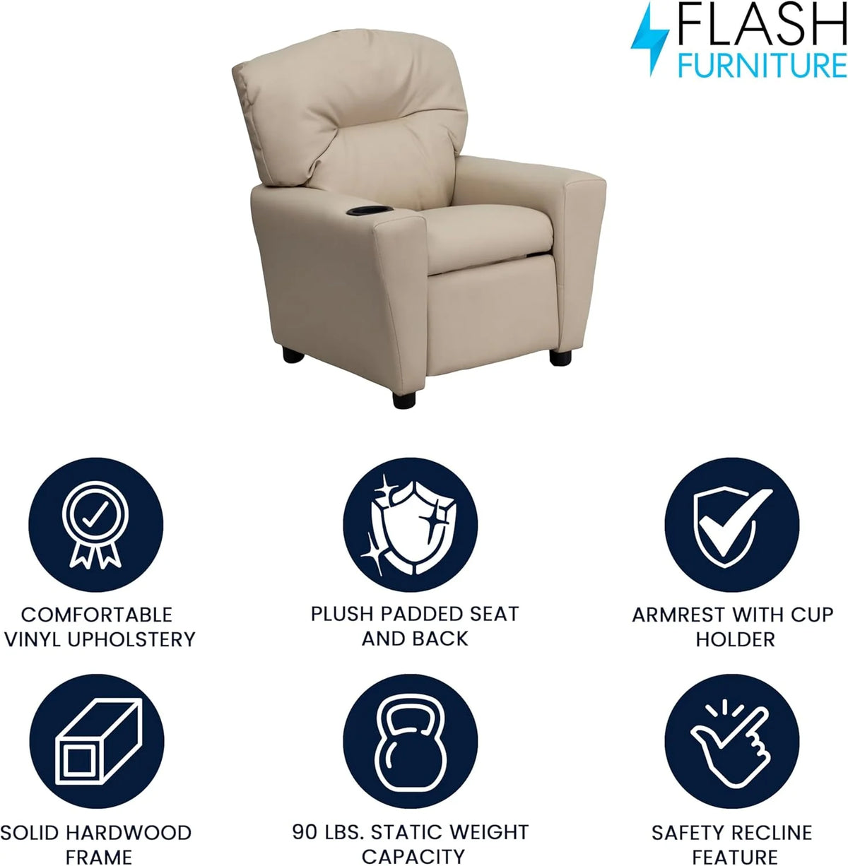 Flash Furniture Contemporary Kids Recliner with Cup Holder, Wood, Beige Vinyl, 26" x 21" x 21"