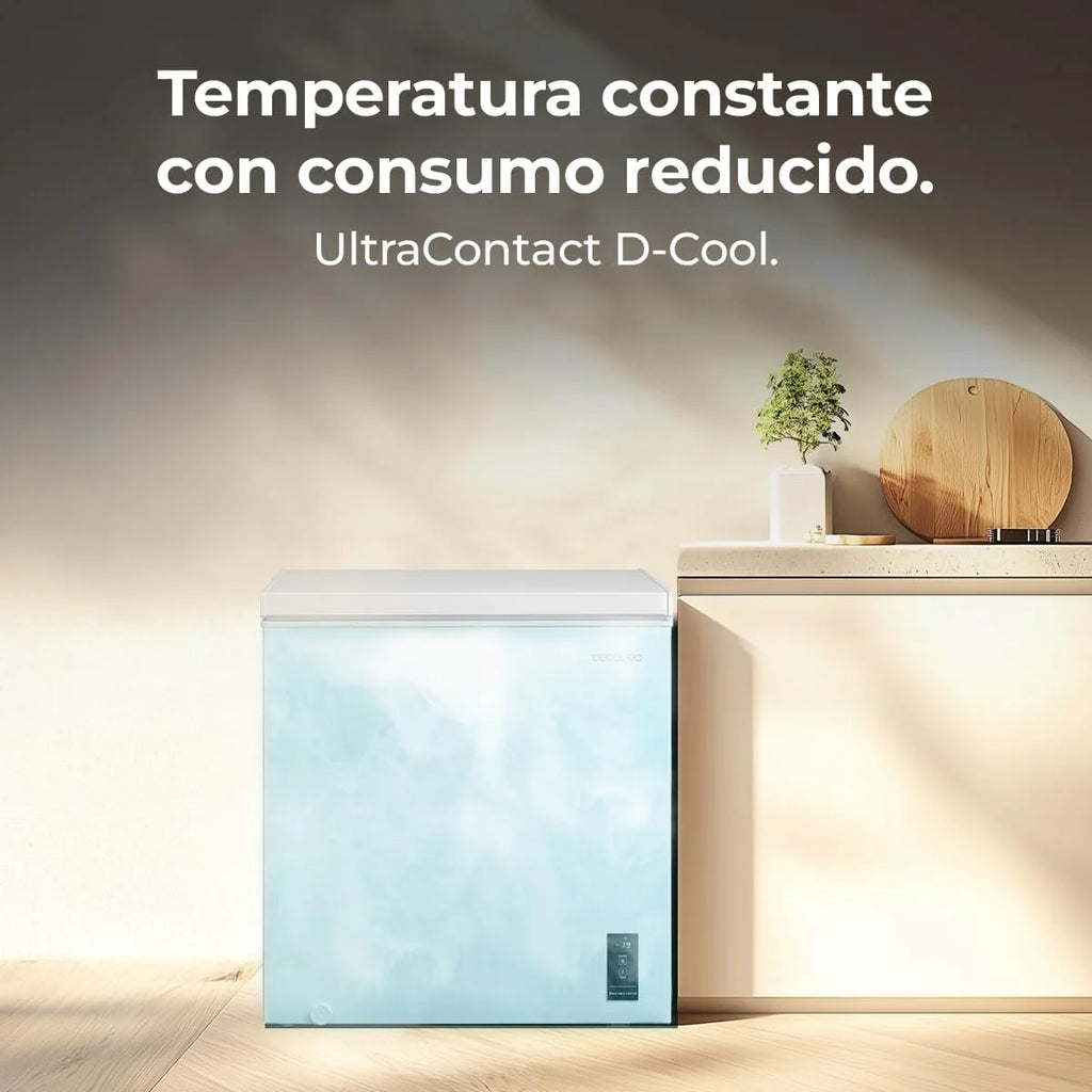 Cecotec Congelador Poziomy 198L Bolero CoolMarket Chest 198P White E. Kosz z Uchwytami, Elektroniczne Sterowanie LED, UltraContact D-Cool, Podwójna Funkcja, Drzwi ZeroG (80º-30º), Szybkie Zamrażanie, Kompaktowy