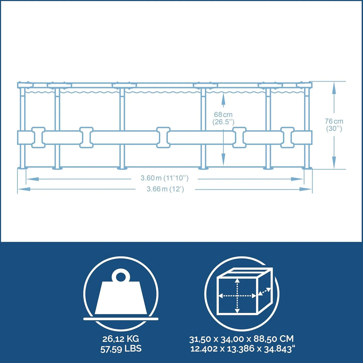 Bestway Steel Pro MAX Frame – Basen stelażowy z pompą filtrującą, średnica 366 x 76 cm, jasnoszary, okrągły