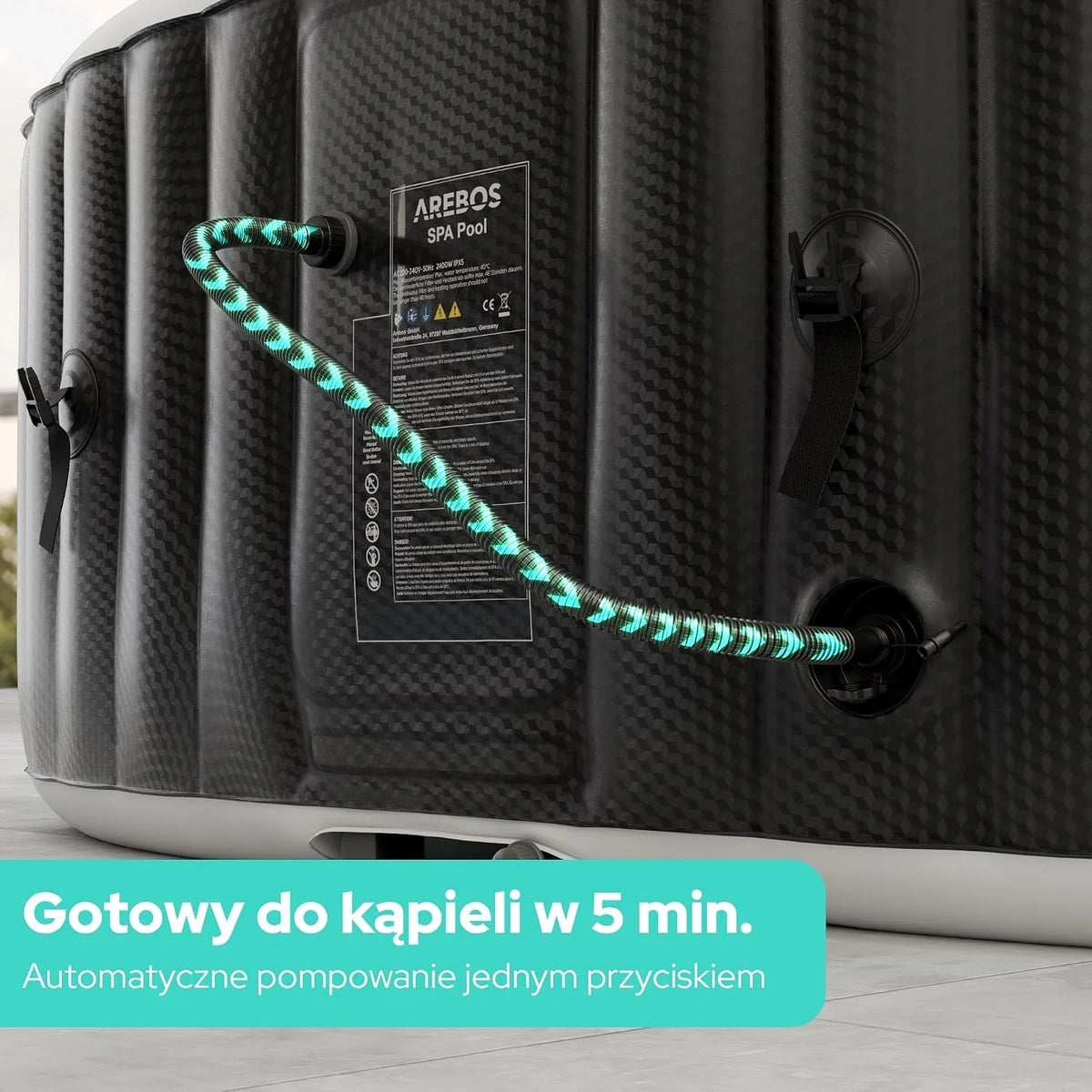 Arebos Nadmuchiwane spa z oświetleniem LED | Nadmuchiwane | Do użytku wewnętrznego i zewnętrznego | 190x120 cm Owalne | 2 osoby | 90 dysz masujących | Z ogrzewaniem | 550 litrów | Pokrywa w zestawie | Spa bąbelkowe