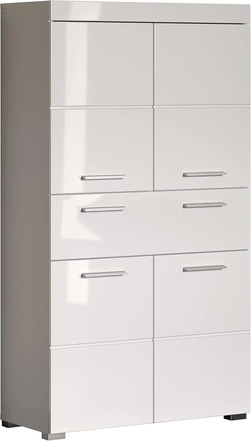 trendteam smart living Szafka wysoka do łazienki Amanda, 73 x 132 x 31 cm, biała i biała o wysokim połysku z szufladą i dużą ilością miejsca do przechowywania