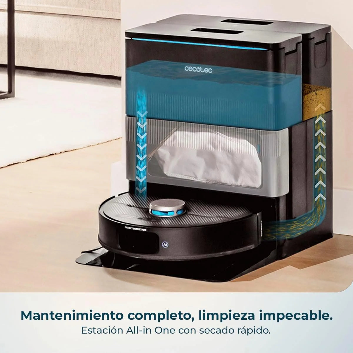 Robot sprzątający Cecotec z funkcją mopowania, sztuczną inteligencją i stacją samoczyszczącą Conga X70. Silnik o mocy ssącej 15000Pa, stacja 4 w 1, technologia laserowa, obrotowe mopy, szczotka boczna, aplikacja i Bluetooth