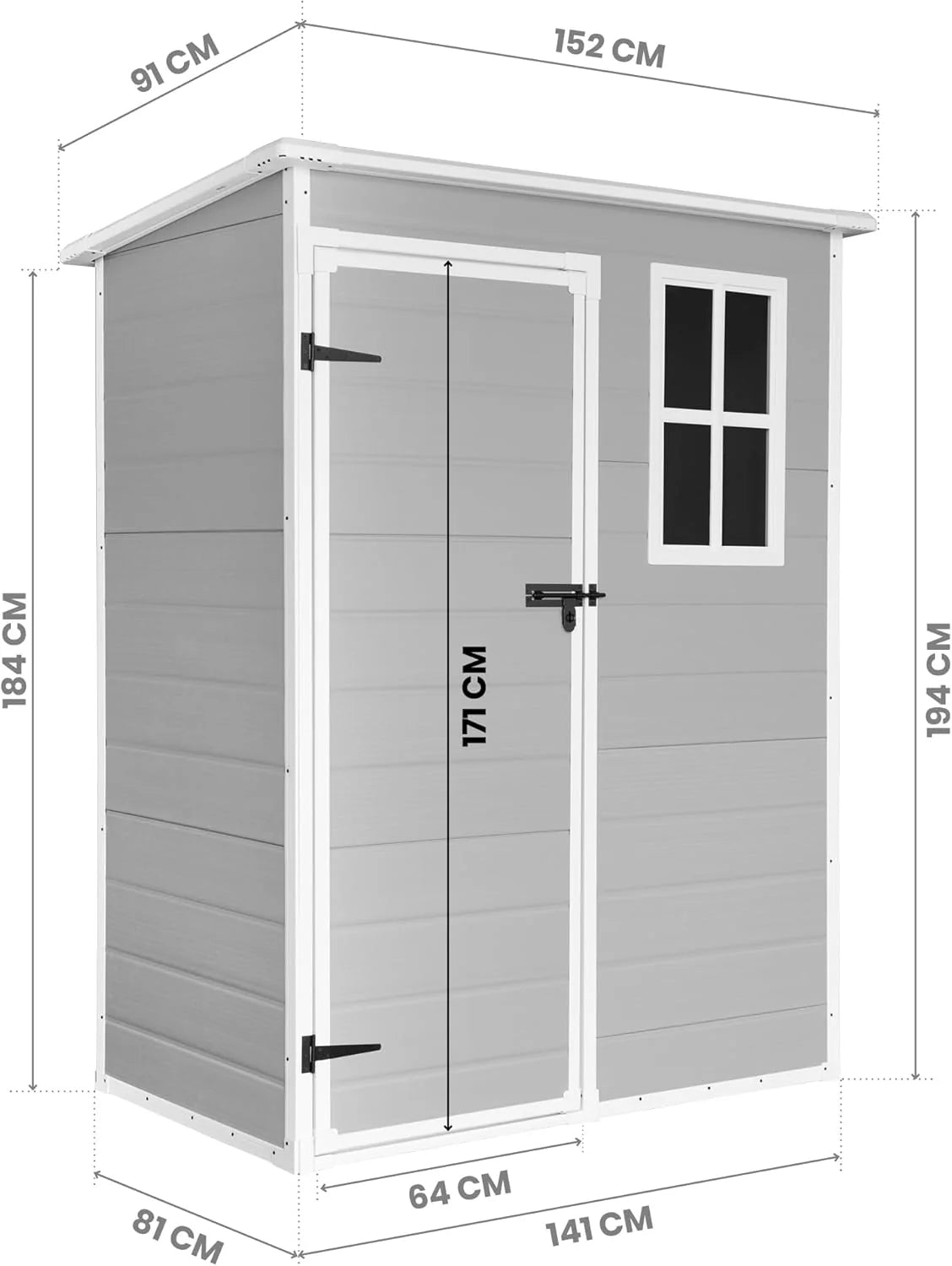 Wasabi - Domek Ogrodowy z Żywicy Unit 1.4 – Okno z Naturalnym Światłem - Podłoga w Zestawie - Panele o Grubości 12mm - Szaro-Biały - Szopa z PVC do Przechowywania na Zewnątrz - 1,37m2 - Płaski Dach