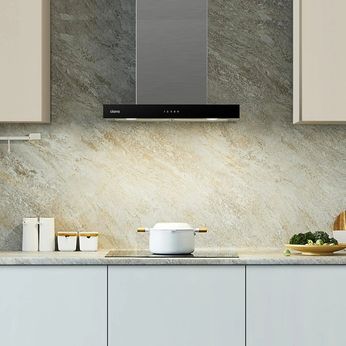 Ciarra CBCS6102 Okap Kuchenny 60cm 650 m³/h - Sterowanie Dotykowe i Wi-Fi - 4 Prędkości - Odsysanie Zewnętrzne i Recyrkulacja Wewnętrzna przez Filtr Węglowy CBCF003 - Stal Nierdzewna