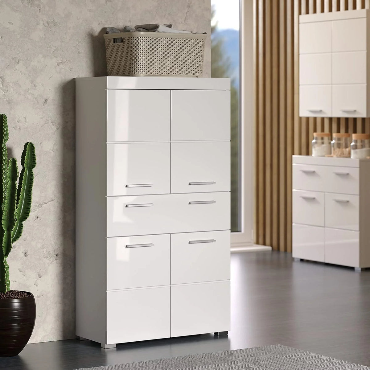 trendteam smart living Szafka wysoka do łazienki Amanda, 73 x 132 x 31 cm, biała i biała o wysokim połysku z szufladą i dużą ilością miejsca do przechowywania