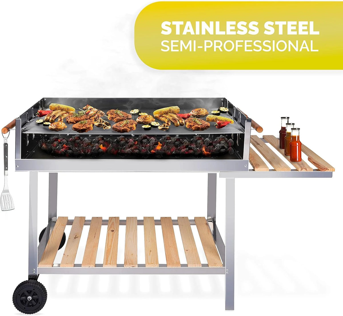 BBQ Collection Charcoal BBQ Grill Cart - Trolley - Stainless Steel