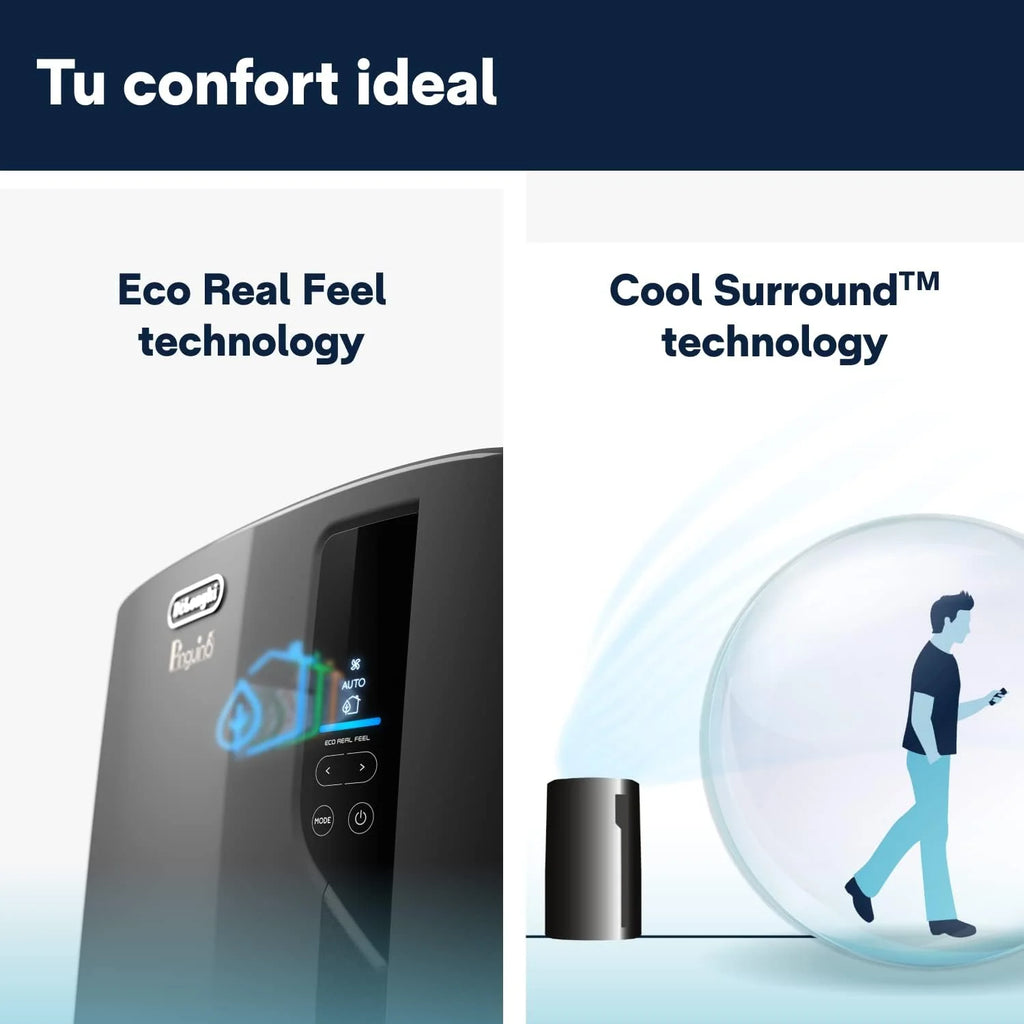 Pingüino PACEL112 Silent, cichy przenośny klimatyzator z technologią Eco Real Feel i Cool Surround, funkcja osuszania, 2.9 kW, 63 dB, plastik, czarny, klasa A, do 110m3