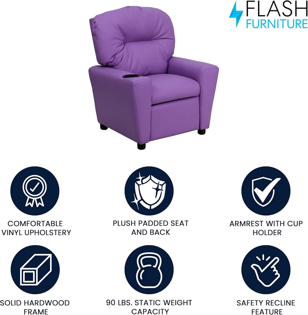 Flash Furniture Contemporary Kids Recliner with Cup Holder, Wood, Beige Vinyl, 26" x 21" x 21"