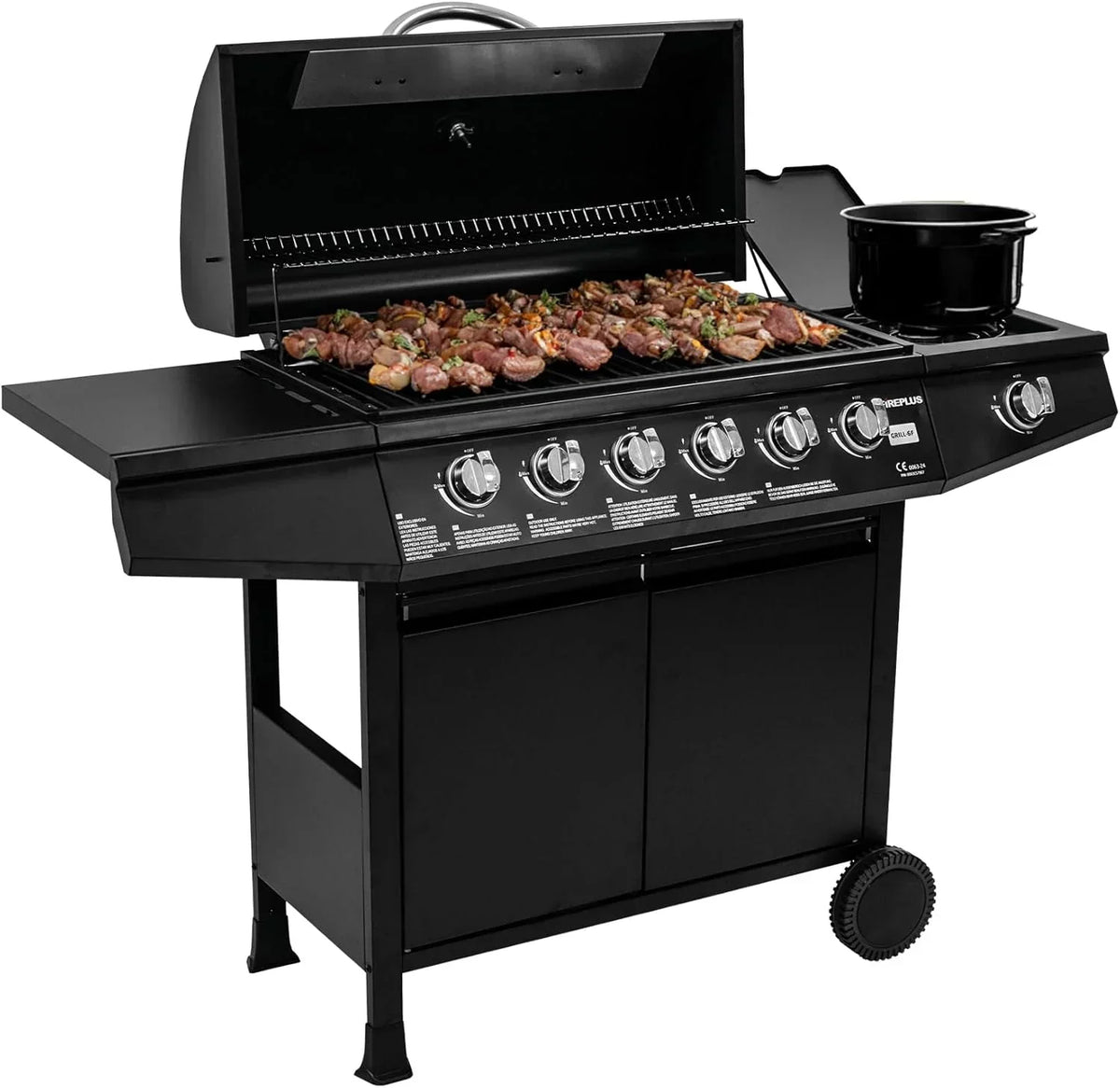 Amig - Grill gazowy Fireplus 3+1 8,4 kW - Czarna stal nierdzewna - Grill na kółkach Model GRILL-3F - Grill XXL z wózkiem i termometrem - 117x52x103cm - 4 palniki i boczna półka