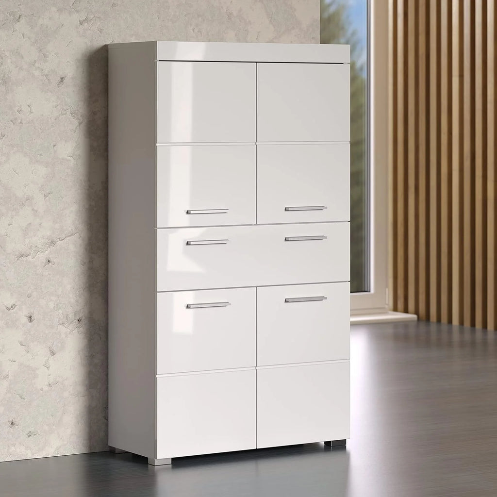 trendteam smart living Szafka wysoka do łazienki Amanda, 73 x 132 x 31 cm, biała i biała o wysokim połysku z szufladą i dużą ilością miejsca do przechowywania