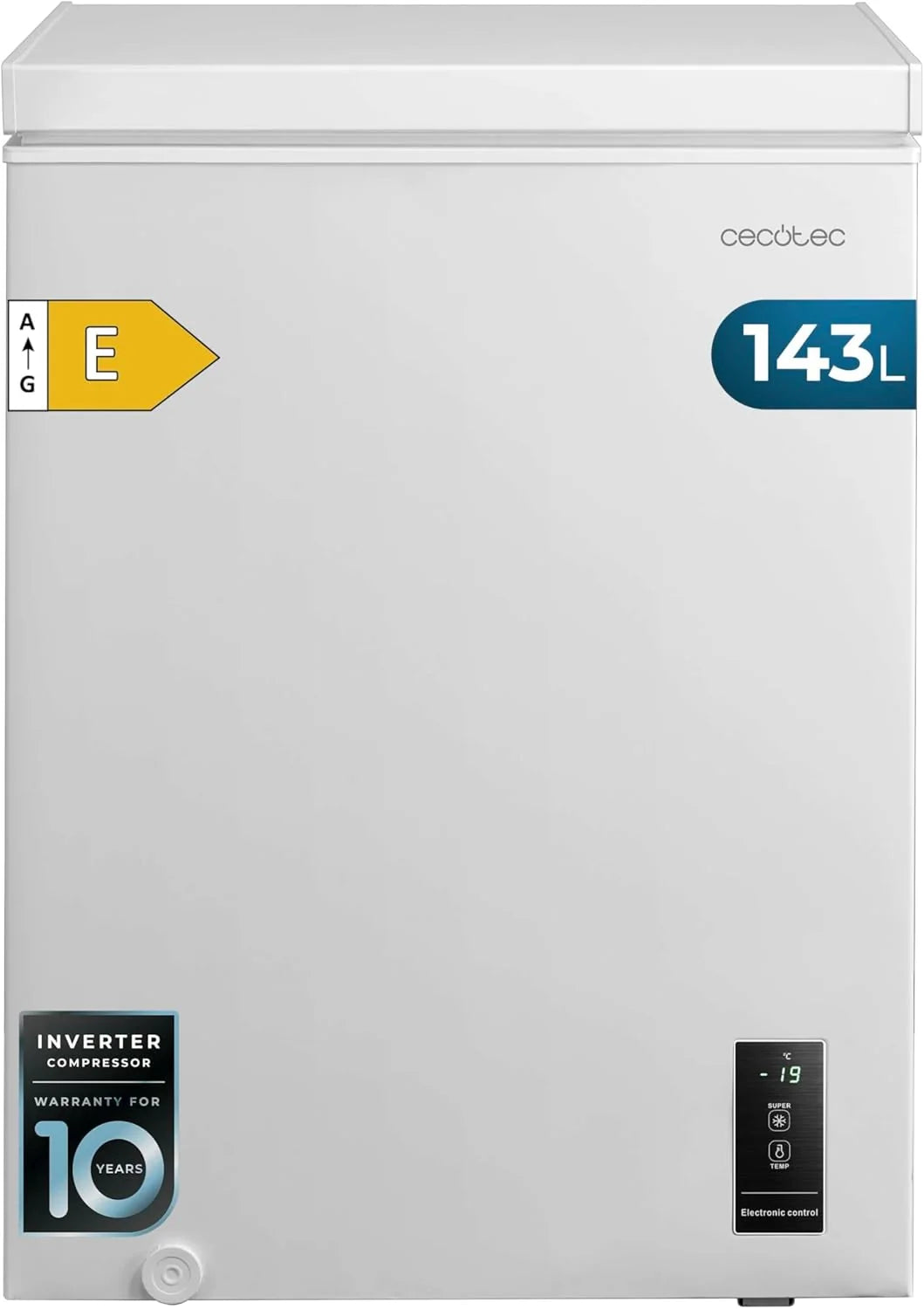 Cecotec Zamrażarka skrzyniowa 143L Bolero CoolMarket Chest 143P White E. Kosz z uchwytami, Elektroniczny panel sterowania LED, UltraContact D-Cool, Funkcja Dual Function, Drzwi ZeroG (80º-30º), Szybkie zamrażanie, Kompaktowa