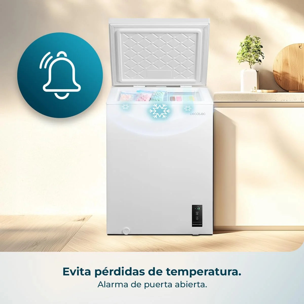 Cecotec Zamrażarka skrzyniowa 143L Bolero CoolMarket Chest 143P White E. Kosz z uchwytami, Elektroniczny panel sterowania LED, UltraContact D-Cool, Funkcja Dual Function, Drzwi ZeroG (80º-30º), Szybkie zamrażanie, Kompaktowa