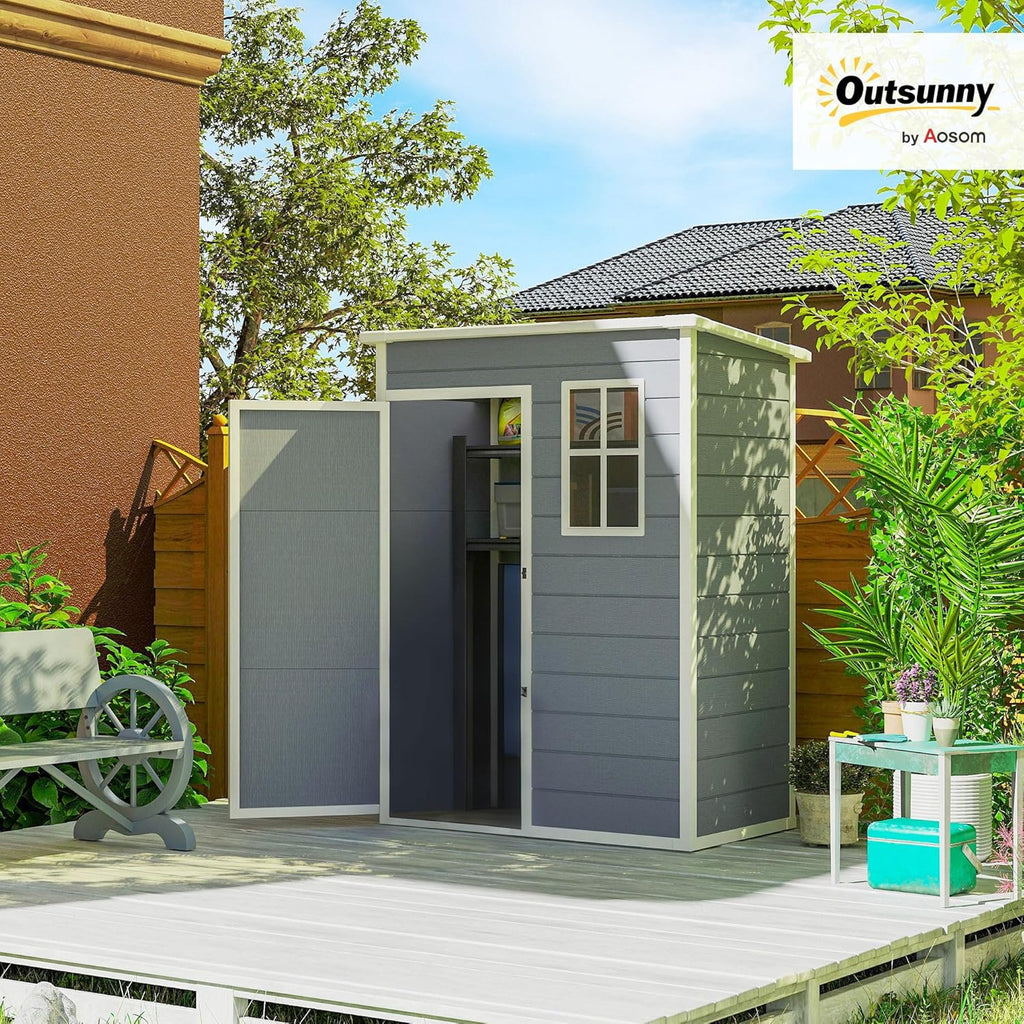 Outsunny Zewnętrzny Domek Ogrodowy, 1,14 m², 151x92x193 cm, Szopa Ogrodowa z Podłogą, Drzwiami Przesuwnymi, Oknem i Spadzistym Dachem, do Przechowywania Narzędzi, Szary